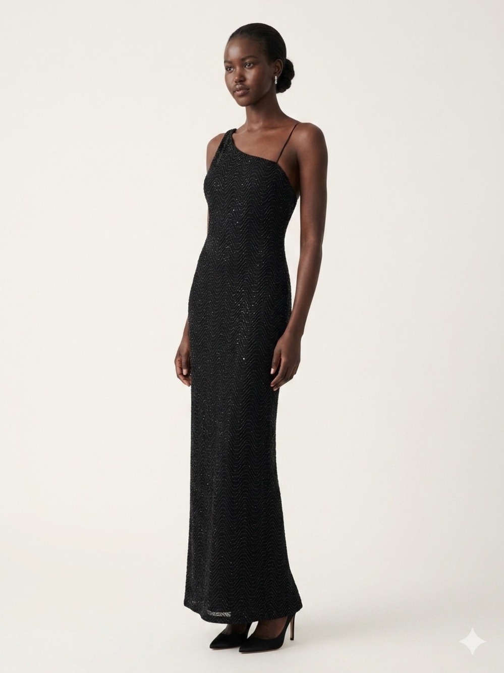 I.N. San Francisco Black One-Shoulder Beaded Evening Gown